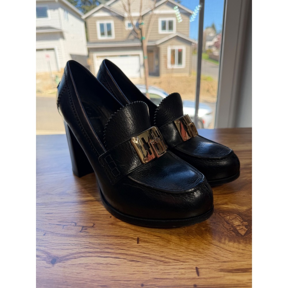 Tory Burch Black Leather Block Heel Loafers Gold Logo Buckle Pumps 9M